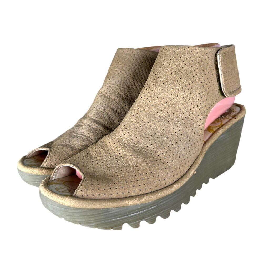 Fly London Yahl Brown Tan Beige Leather Wedge Ankle Peep Toe Size 39 US 8/8.5